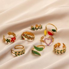 Stainless Steel Colorful Oil Drop Flower Feather Stainless Steel Ring Heart Opening Ring