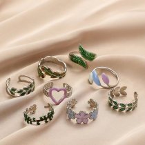 Stainless Steel Colorful Oil Drop Flower Feather Stainless Steel Ring Heart Opening Ring