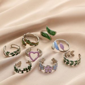 Stainless Steel Colorful Oil Drop Flower Feather Stainless Steel Ring Heart Opening Ring