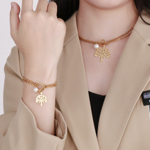 Stainless steel OT buckle life tree double layer bracelet necklace set