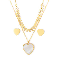Stainless Steel Double Chain Ear Chain Heart Shaped Shell Earrings Necklace  Set Valentine's Day Gift