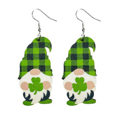 St. Patrick's Day gnome lucky grass green Irish Day wood print earrings
