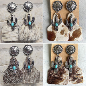 Animal grain leather jewelry Bohemian horse hair pumpkin flowers cactus turquoise fashion earrings