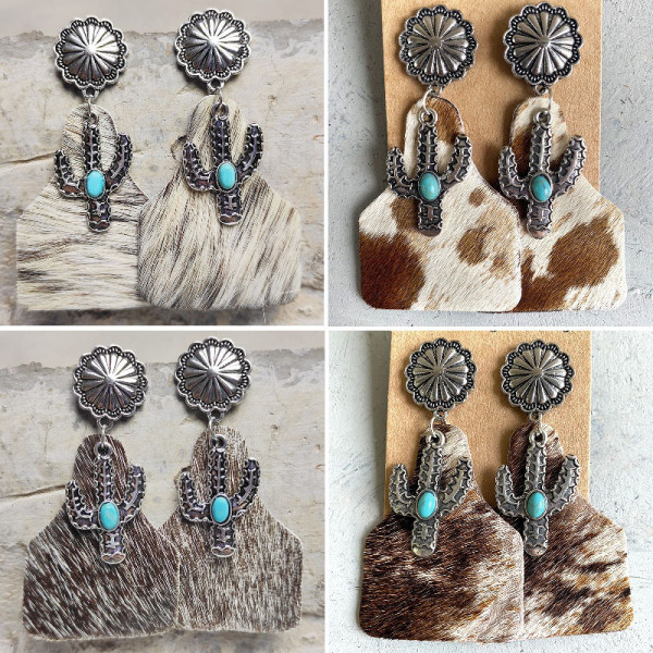 Animal grain leather jewelry Bohemian horse hair pumpkin flowers cactus turquoise fashion earrings
