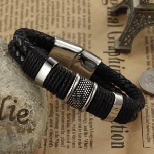 Men's woven stainless steel leather bracelet Double magnet clasp bracelet
