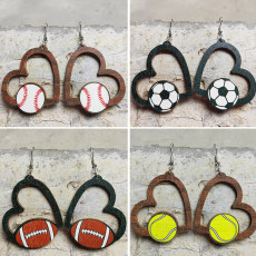 Love Sports Earrings Football Baseball Rugby Basketball Tennis Volleyball Wooden Earrings Geometric Hollow