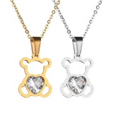 Stainless steel hollow love zircon bear pendant necklace