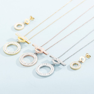 Stainless steel circle full diamond earring necklace set