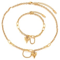 Stainless steel heart-shaped pendant adjustable necklace bracelet set