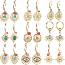 Stainless steel gold round brand diamond turquoise eye earrings