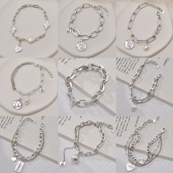 Stainless steel pearl round pendant splicing chain bracelet