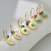 Stainless steel gold round brand diamond turquoise eye earrings