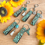 Western denim key chain leather embossed fringed turquoise leather pendant