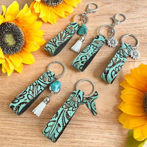 Western denim key chain leather embossed fringed turquoise leather pendant