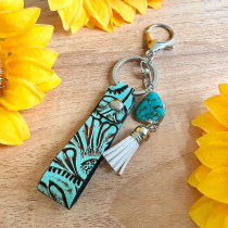 Western denim key chain leather embossed fringed turquoise leather pendant