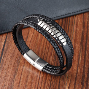 21CM Stainless steel genuine leather woven bracelet
