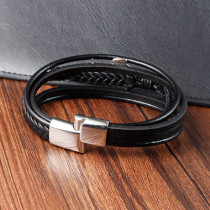21CM anchor Stainless steel genuine leather woven bracelet