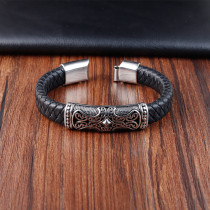 21CM Cross Stainless steel genuine leather woven bracelet