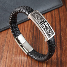 21CM Cross Stainless steel genuine leather woven bracelet