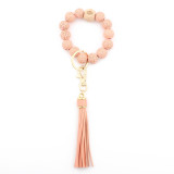 Leopard pattern wood bead bracelet beaded spot wood bead bracelet PU leather tassel bracelet key chain