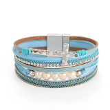 Cross multi-layer Bohemian leather bracelet pearl inlaid diamond magnetic clasp bracelet