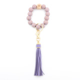 Leopard pattern wood bead bracelet beaded spot wood bead bracelet PU leather tassel bracelet key chain