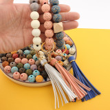 Leopard pattern wood bead bracelet beaded spot wood bead bracelet PU leather tassel bracelet key chain