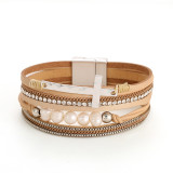 Cross multi-layer Bohemian leather bracelet pearl inlaid diamond magnetic clasp bracelet