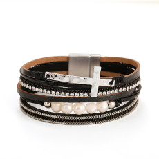 Cross multi-layer Bohemian leather bracelet pearl inlaid diamond magnetic clasp bracelet