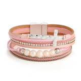 Cross multi-layer Bohemian leather bracelet pearl inlaid diamond magnetic clasp bracelet