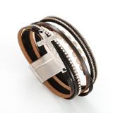Cross multi-layer Bohemian leather bracelet pearl inlaid diamond magnetic clasp bracelet