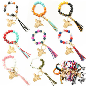 Cow head key chain tassel pendant cow wooden bead bracelet