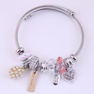 Stainless steel wire pearl bracelet bracelet hand beaded crystal full diamond heart adjustable size