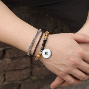 Stainless Steel Chain Bracelet Natural Stone Leather Rope Three Piece Bracelet fit 20mm snaps  jewelry