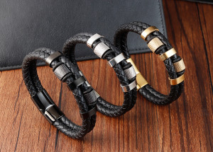 21CM Stainless steel genuine leather woven bracelet