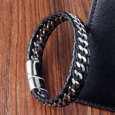 21CM Stainless steel genuine leather woven bracelet