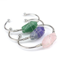 Handmade silver copper wire wound natural crystal natural stone hexahedron bracelet