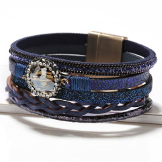 Multi-layer hand-woven natural crystal leather magnet clasp bracelet