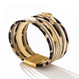 Multi-layer leopard pearl magnetic leather bracelet