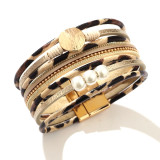 Multi-layer leopard pearl magnetic leather bracelet