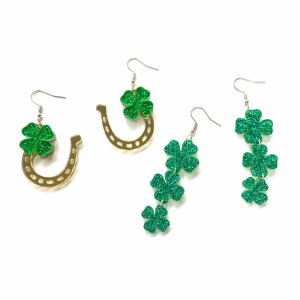 St. Patrick's Day Carnival Green acrylic glitter powder clover lucky grass horseshoe earrings