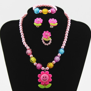 Children's Resin Necklace Bracelet Four Piece Set Ring Earrings Girls' Plastic Flower Set