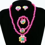 Children's Resin Necklace Bracelet Four Piece Set Ring Earrings Girls' Plastic Flower Set