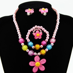 Children's Resin Necklace Bracelet Four Piece Set Ring Earrings Girls' Plastic Flower Set