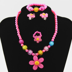 Children's Resin Necklace Bracelet Four Piece Set Ring Earrings Girls' Plastic Flower Set