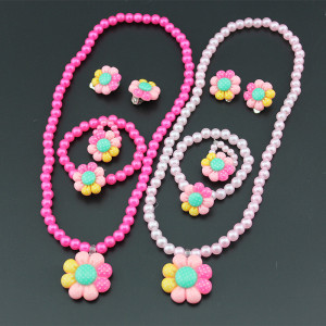 Children's Resin Necklace Bracelet Four Piece Set Ring Earrings Girls' Plastic Flower Set
