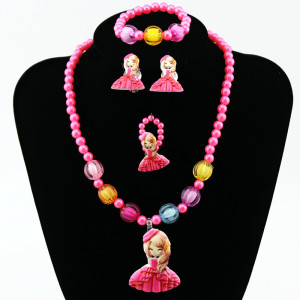 Children's Resin Necklace Bracelet Four Piece Set Ring Earrings Girls' Plastic Flower Set