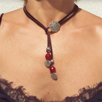Bohemian Leather Rope Round Bead Flower Necklace