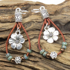 Bohemian Leather Rope Flower Jade Beaded Earrings