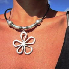 Silver Flower Leather Rope Necklace